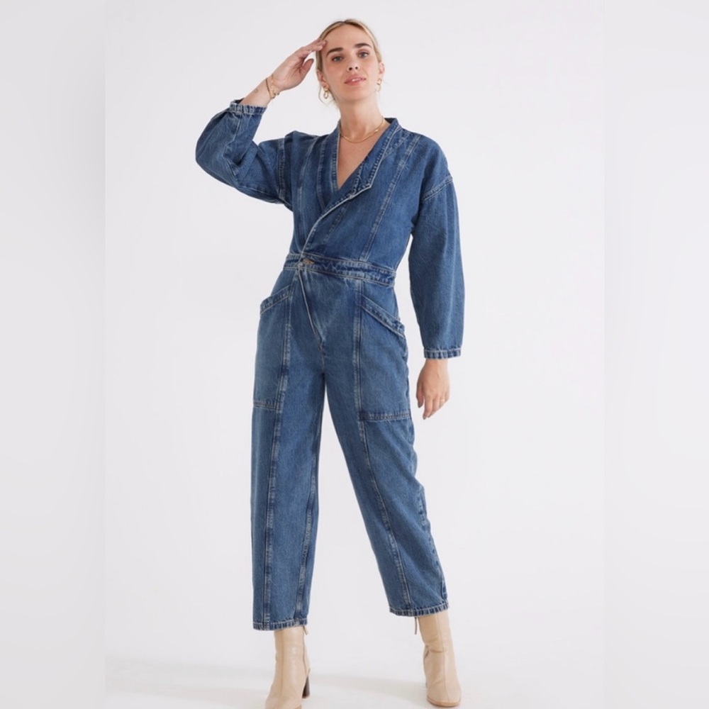 Etica Liv Asymmetrical Denim Jumpsuit, Size M